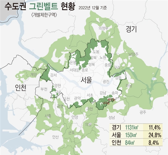 서울시가 이달부터 자치구와 합동으로 현장 조사반을 구성해 그린벨트를 포함한 토지거래허가구역 이용 실태 현장 조사에 나선다. 지난 2022년 12월 기준 수도숸 그린벨트 현황. 사진=뉴시스