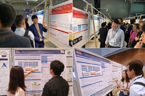 한미약품 ONCO임상팀 노영수 이사(왼쪽 위)와 이동준 연구원(오른쪽 위)은 ESMO Congress 2024에서, R&D센터 임선영 그룹장(아래)은 ISSX에서 HM97662의 연구 현황이 담긴 포스터 내용을 설명하고 있다. 사진=한미약품