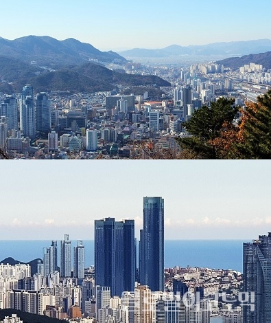 부산의 황령산에서 본 부산 원도심 및 서부산권(사진 위)과 엘시티로 대변하는 동부산권(사진 아래) 모습. 부산은 도심 양극화가 심한 지역이다. 사진=강세민 기자
