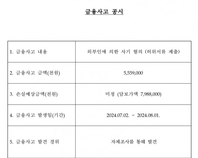 우리은행 금융사고 공시 캡쳐. 