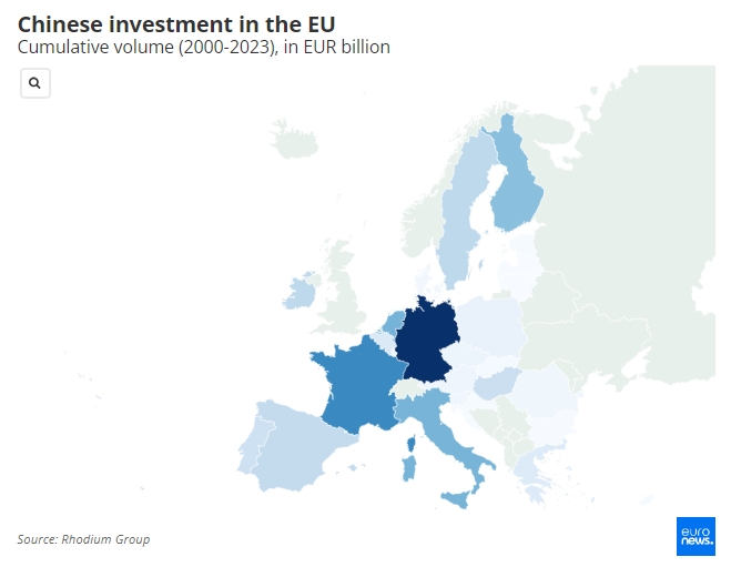 중국이 지난 2000년부터 지난해까지 투자를 벌여온 유로존 지역들. 짙은 색일수록 누적 투자액이 많은 곳이다. 사진=로디엄그룹