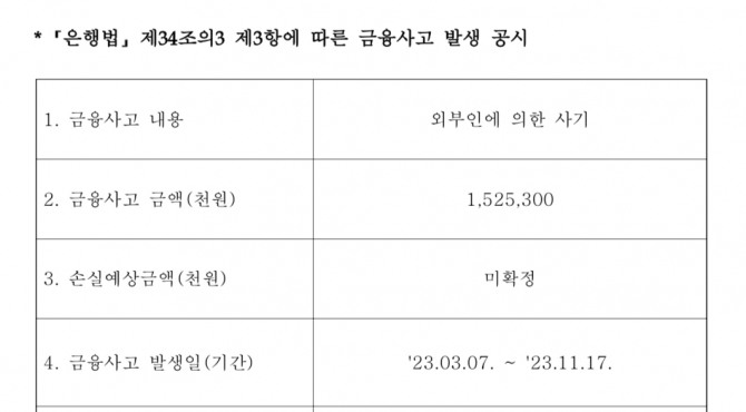 NH농협은행 금융사고 공시 캡쳐.