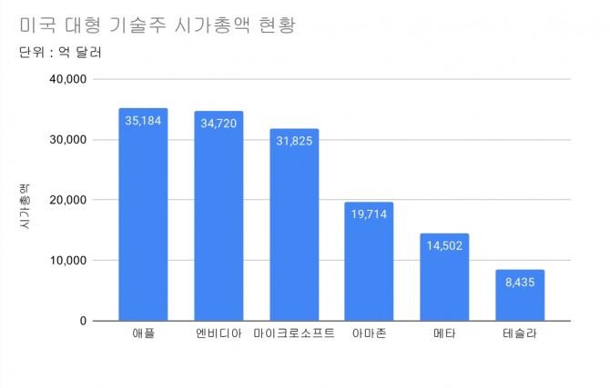 미국 대형 기술주 시가총액 현황  그래프=정준범 기자