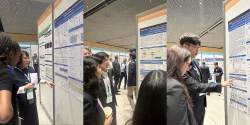 한미약품 R&D센터 곽은주 연구원(왼쪽부터), 박원기 연구원, 유형석 연구원이 국제 암 학술대회 ‘EORTC-NCI-AACR 2024’에서 차세대 항암 신약의 연구 결과 3건이 담긴 포스터 내용을 설명하고 있다. 사진=한미약품