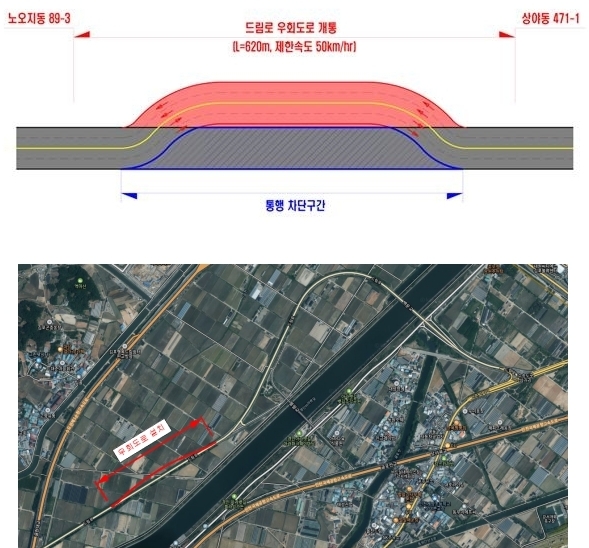 우회도로 위치 및 설치구간 교통처리 모식도. 사진=iH