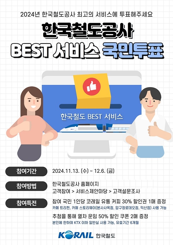 한국철도공사(코레일)가 다음 달 6일까지‘2024년 베스트 서비스 국민투표’를 진행한다. 이미지=코레일