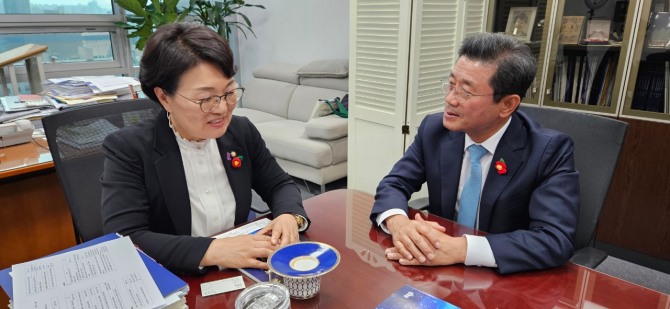 광양시는 12일 정인화 시장(오른쪽)이 내년도 국비 확보와 주요 현안 사업 건의를 위해 권향엽 의원과 환담하고 있다.사진=광양시