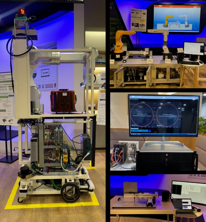 (왼쪽)스카일라 노바를 시연하는 모벤시스 데모 모습, (오른쪽 상단부터)이종 로봇 제어, 31.25㎲ 주기 제어, AI no-code 솔루션. 사진=모벤시스