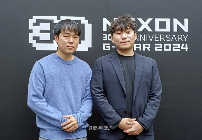 지스타 2024 넥슨 '오버킬(가칭)' 기자 간담회에 참여한 네오플의 박정완 디렉터(왼쪽)와 윤명진 대표. 사진=이원용 기자