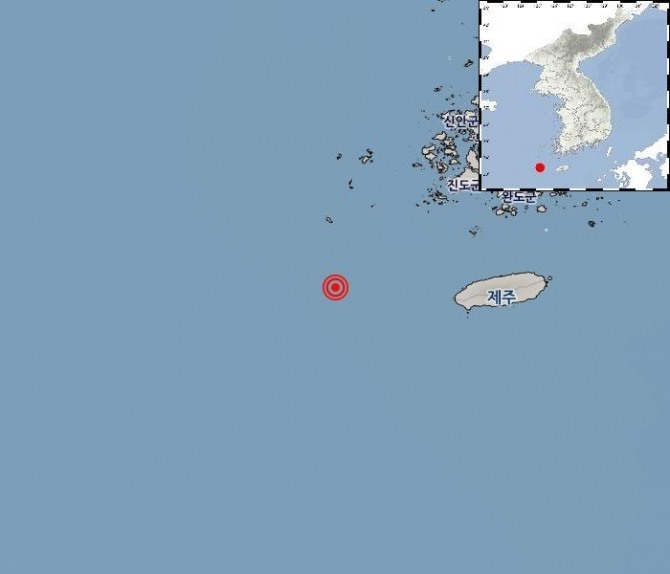 제주 제주시 서쪽 128km 해역 지진 발생위치. 사진=기상청