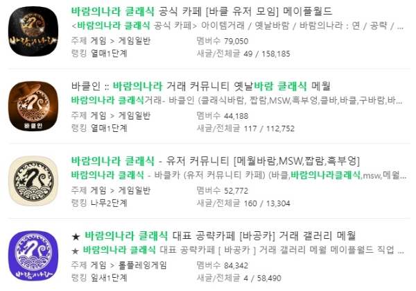 '바람의나라 클래식' 네이버 카페들의 모습. 사진=네이버 화면 캡처