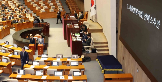  안철수(왼쪽 아래) 국민의힘 의원이 7일 오후 서울 여의도 국회에서 열린 제418회국회(정기회) 제17차 본회의에서 윤석열 대통령 탄핵소추안 표결에 참여한 뒤 퇴장하고 있다. 사진=뉴시스