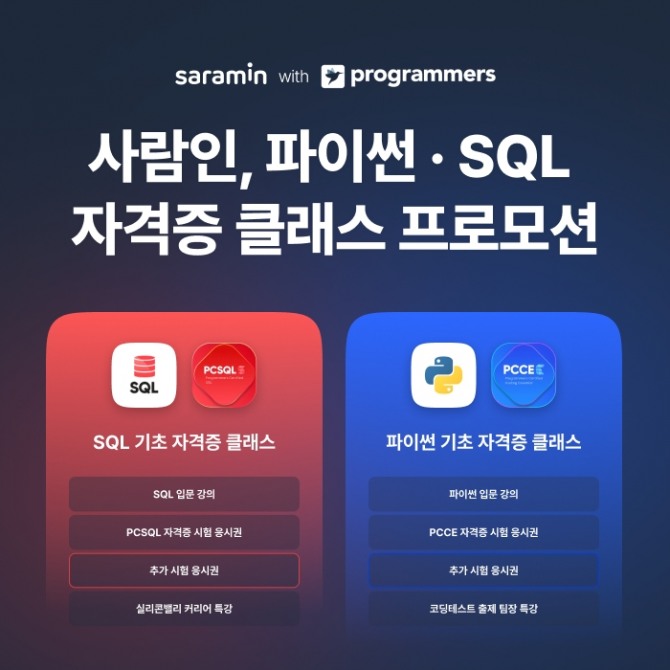 사람인은 초보 개발자와 개발 비전공자를 위한 파이썬, SQL 자격증 클래스 프로모션을 실시한다. 사진=사람인