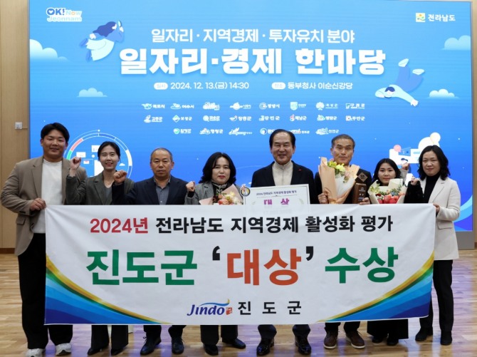 진도군은 지난 13일, 전남도청 동부청사 이순신 강당에서 열린 2024년 일자리·경제 한마당 행사에 참석해 ‘2024 전라남도 지역경제 활성화 평가’에서 대상과 함께 1,700만 원의 시상금을 받았다.   사진=진도군