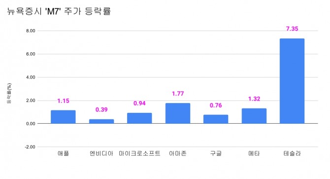 12월 24일(현지시각) 미국 빅테크 주요 종목 등락률.  그래프=정준범 기자