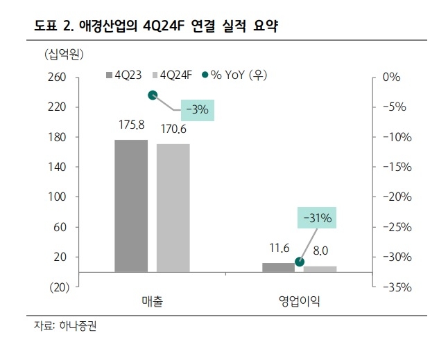 애경산업의 매출과 영업이익. 사진=하나증권