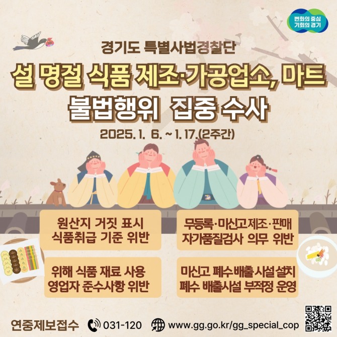 오는 6일부터 17일까지 경기도 특별사법경찰단이 식품 제조·가공업소와 중·대형마트 등 360곳을 집중 수사한다. 사진=경기도 특사경