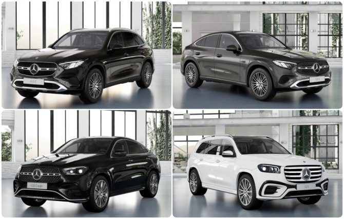 GLC 300 4매틱 아방가르드(좌측상단), GLC 300 4매틱 쿠페 아방가르드(우측상단), GLE 400 450 4매틱 쿠페(좌측하단), GLS 450 4매틱(우측하단) 정측면 사진=메르세데스-벤츠코리아