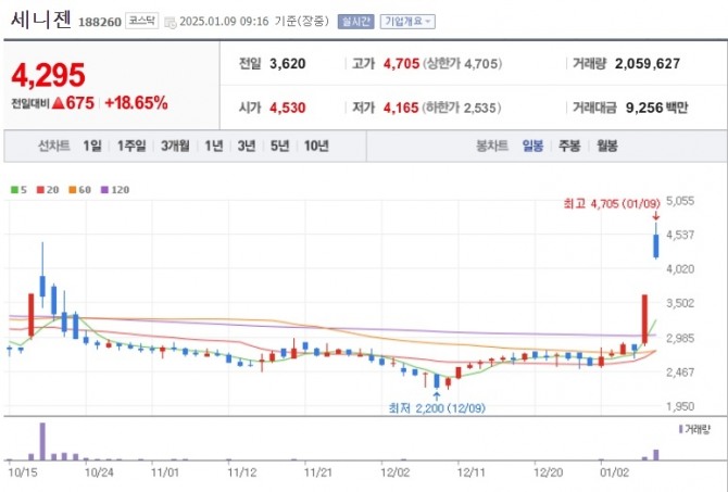 세니젠 주가 그래프. 자료=네이버페이증권