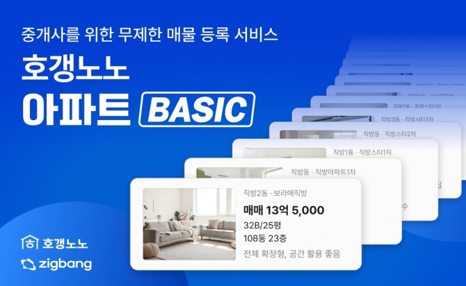 직방이 운영하는 호갱노노가 무제한 매물 등록 서비스 '아파트 BASIC'을 출시했다. 사진=직방