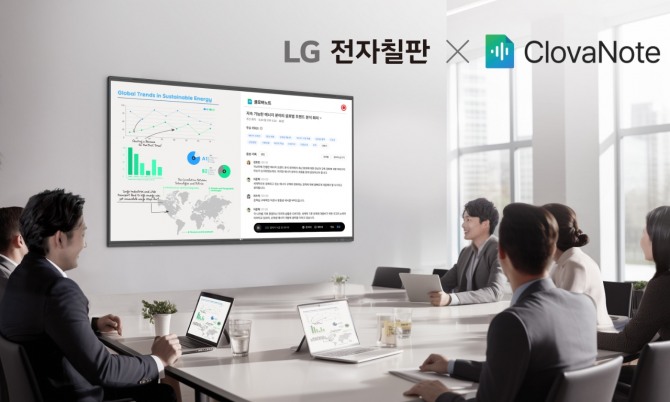 회사 직원들이 LG 전자칠판과 네이버웍스 클로바노트를 활용해 회의를 진행하고 있다. 사진=LG전자