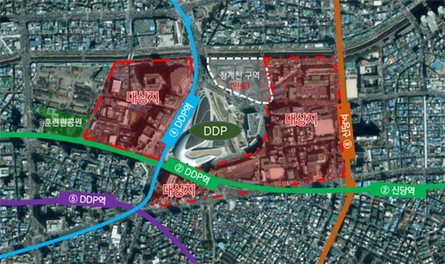 12일 정비업계에 따르면 서울시가 다음달부터 ‘DDP 일대 정비예정구역 정비구역 지정 및 정비계획 수립 용역’에 들어가는 것으로 나타났다. DDP 일대 정비계획 수립 용역 사업 대상지. 사진=서울시