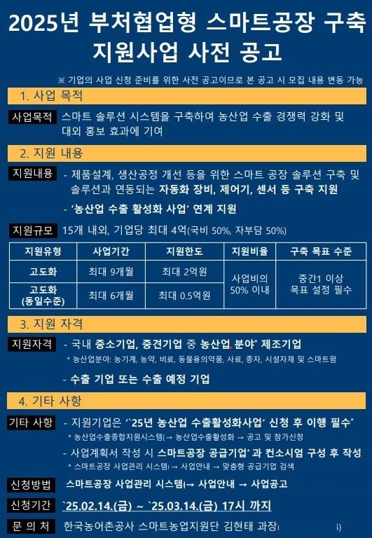 한국농어촌공사와 중소벤처기업부, 스마트제조혁신추진단은 국내 농산업 제조기업의 해외 시장 진출 활성화를 위해 '2025년 부처 협업형 농산업 스마트공장 구축 지원사업'에 참여할 기업을 다음달 14일까지 모집한다. 이미지=농어촌공사