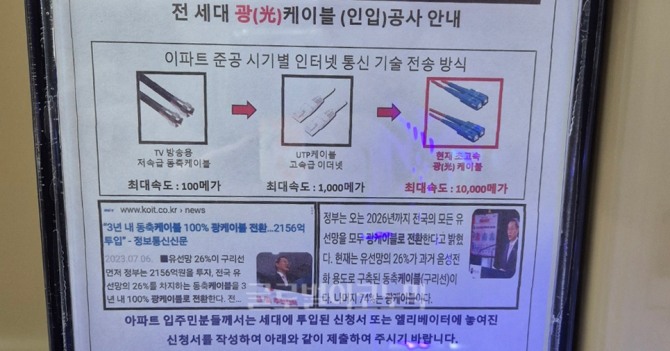 아파트 단지 내 엘리베이터에 설치된 공사 안내문. 사진=편슬기 기자