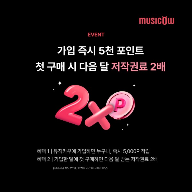 음악투자증권 '뮤직카우'가 신규 가입 시 5000포인트 적립, 첫 구매 시 다음 달 저작권료 2배 이벤트를 진행한다. 사진=뮤직카우 