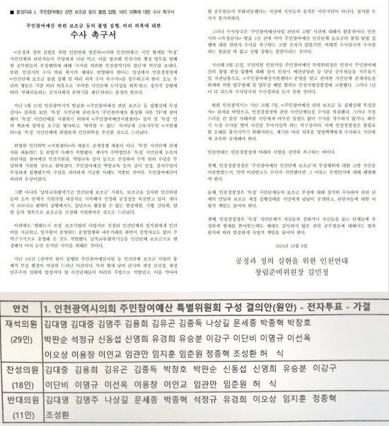 수사 촉구서 및 표결에 참여한 인천광역시의회 시의원들 명단. 사진=인천시의회