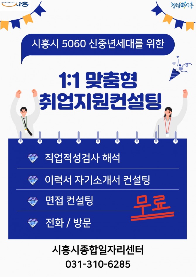 시흥시 일자리센터는 은퇴 및 전직으로 재취업이 필요한 신중년을 위해 구직 기술을 강화하고 실업 기간을 단축하기 위한‘신중년 일대일 취업 지원 컨설팅’프로그램을 3월부터 새롭게 운영한다. 포스터=시흥시