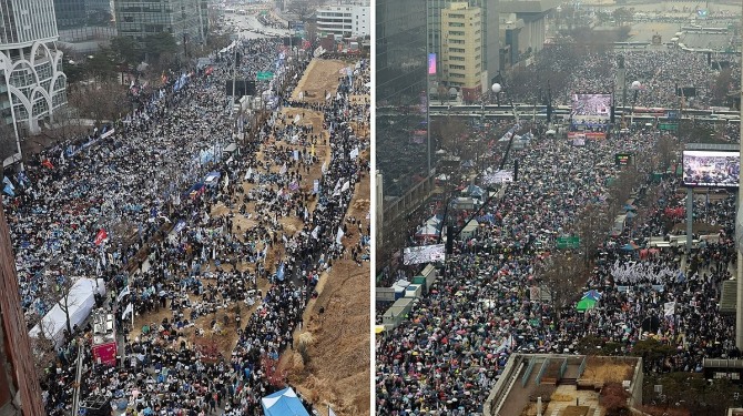 삼일절인 1일 서울 곳곳에서 윤석열 대통령 탄핵 찬반 집회가 열리고 있다. 왼쪽은 안국동 야 5당 공동 파면 촉구 범국민대회. 오른쪽은 세종대로 대한민국바로세우기국민운동본부 탄핵 반대 집회. 사진=연합뉴스