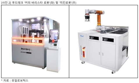 유일로보틱스의 푸드테크 '커피 바리스타 로봇'(좌) 및 '치킨로봇'(우) 