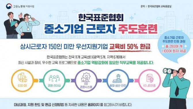 한국표준협회는 고용노동부와 한국산업인력공단이 주관하는 정부지원 사업인 ‘중소기업 근로자 주도 훈련’에 참여한다. 이미지=표준협회