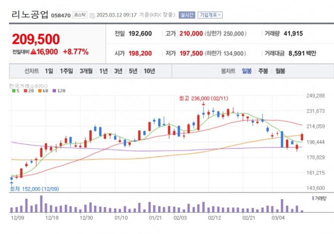 리노공업 주가추이. 자료=네이버페이 증권
