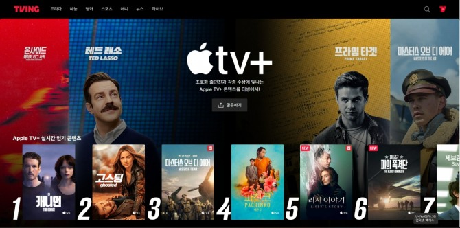 지난해 12월 10일부터 애플TV 플러스 브랜드관을 운영 중인 티빙에게 애플의 안드로이드용 앱 출시는 큰 타격을 주지 않을 것으로 예상된다. 월 1만7000원 프리미엄 요금제 가입으로 티빙과 애플TV 플러스 콘텐츠를 모두 즐길 수 있기 때문이다. 사진=티빙 홈페이치 화면 캡처