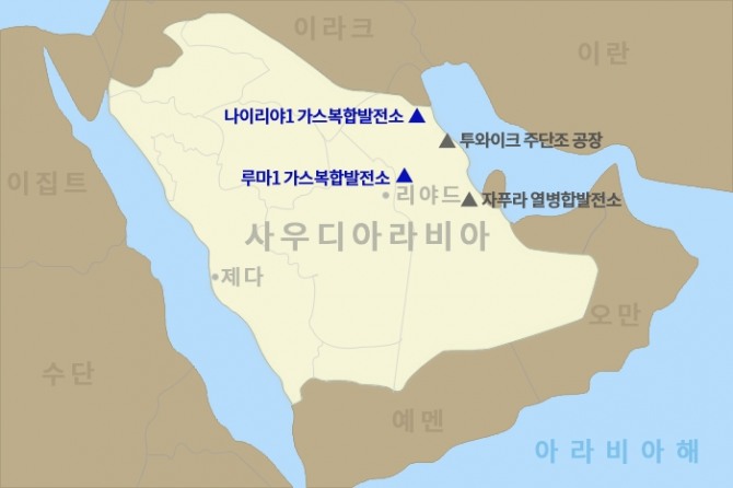 두산에너빌리티가 한국전력공사 컨소시엄과 건설공사 계약을 체결한 사우디아라비아 루마1 및 나이리야1 가스복합발전소의 위치. 사진=두산에너빌리티