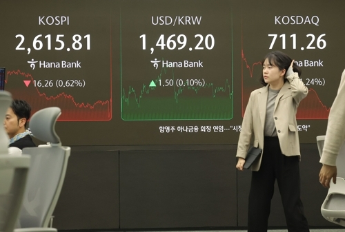 25일 오후 서울 중구 하나은행 딜링룸 전광판에 지수가 표시되고 있다. 사진=연합뉴스