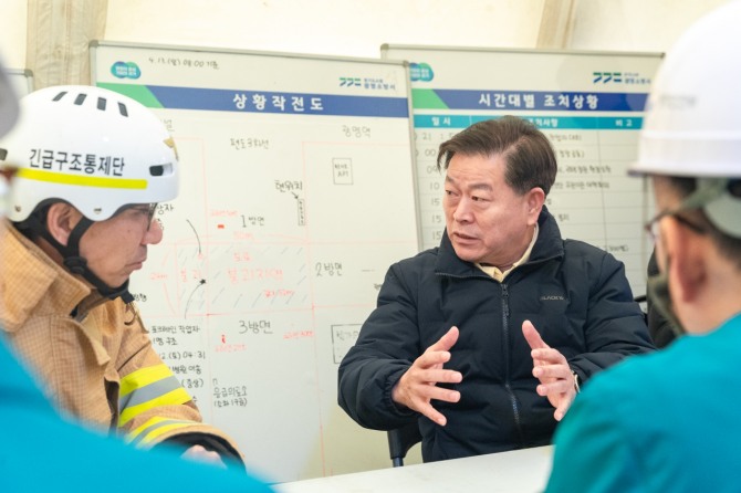 지난 13일 박승원 광명시장(가운데)이 신안산선 5-2공구 붕괴 사고현장에서 열린 대책회의에서 긴급구조통제단과 구조작업에 대해 논의하고 있다. 사진=광명시