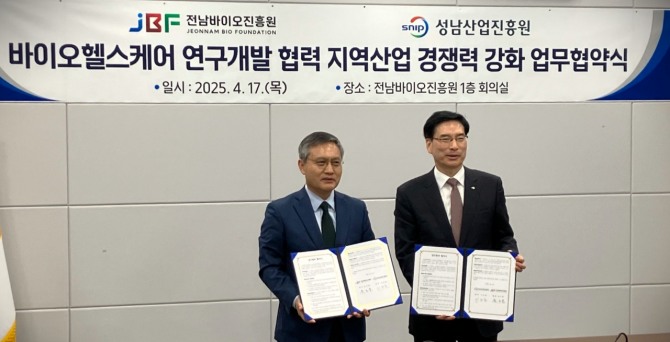 지난 17일 이의준 성남산업진흥원장(오른쪽)이 윤호열 전남바이오진흥원장과 첨단 기술 기반 R&D 혁신 및 바이오헬스케어 생태계 발전 업무협약을 체결한 후 기념촬영을 하고 있다. 사진=성남산업진흥원