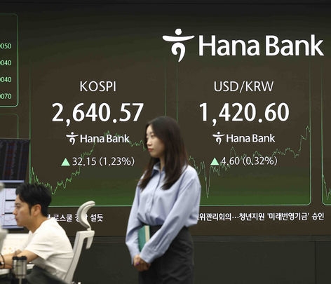 코스피가 전 거래일 대비 1.23%(32.15포인트) 오른 2640.57에 마감한 14일 서울 중구 하나은행 본점에서 모니터에 지수가 나오고 있다. 사진=뉴시스