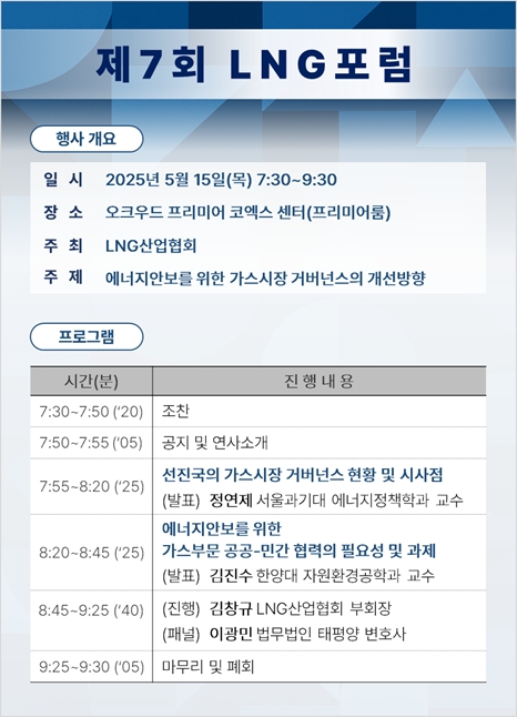LNG산업협회가 15일 서울 오크우드 프리미어 코엑스센터에서 개최하는 제7회 LNG포럼의 포스터. 사진=LNG산업협회