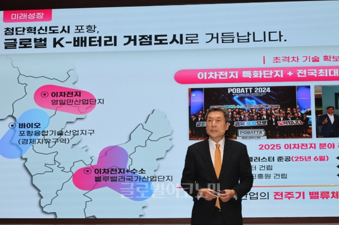 지난 1월 이강덕 포항시장이 신년 기자간담회에서 올해 정책추진 방향을 설명하고 있다. 사진=포항시