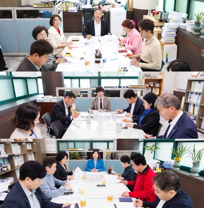 안산시의회 3개 상임위원회가 지난 20일 각 상임위원장실에서 안산시 집행부와 간담회를 개최했다. 사진 위부터 차례대로 이날 기획행정위원회와 문화복지위원회, 도시환경위원회가 간담회를 진행하고 있는 모습. 사진=안산시의회