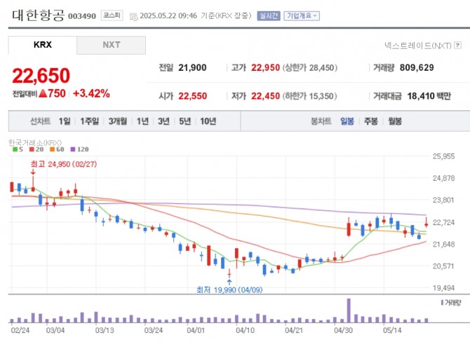 대한항공 주가 추이. 자료=네이버페이 증권