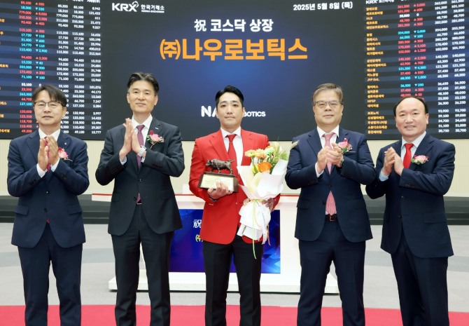 지난 8일 서울 영등포구 한국거래소에서 열린 에서 관계자들이 상장기념패 전달 후 기념 촬영하고 있다. 왼쪽부터 김대영 한국IR협의회 부회장, 민경욱 한국거래소 코스닥시장본부장, 이종주 나우로보틱스 대표이사, 오익근 대신증권 대표이사, 강왕락 코스닥협회 부회장. 사진=연합