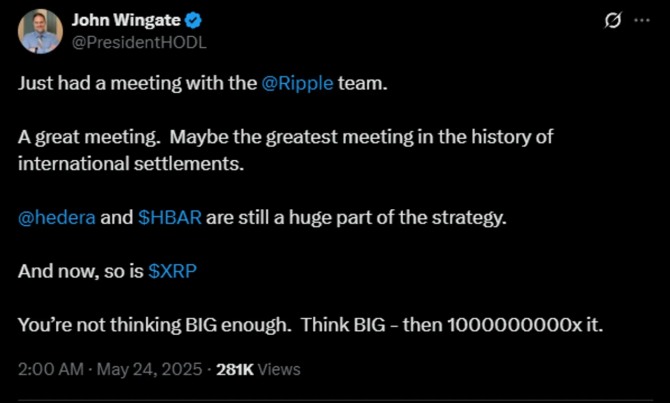 리플(XRP)이 오픈 뱅킹 소셜 플랫폼 뱅크소셜의 국제 송금 시스템 핵심 전략 자산에 포함된 것으로 나타났다. 사진=존 윙게이트 뱅크소셜 최고경영자 SNS 갈무리