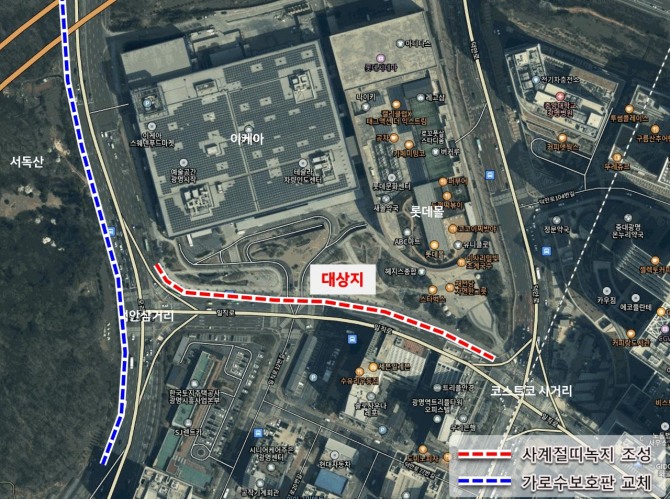 일직로와 오리로에 조성되는 녹지 조성 공간 위치도. 자료=광명시