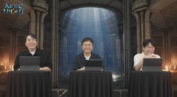 왼쪽부터 엔씨소프트의 소인섭 아이온2 사업실장, 백승욱 최고 비즈니스 책임자(CBO), 김남준 개발 PD. 사진=엔씨소프트