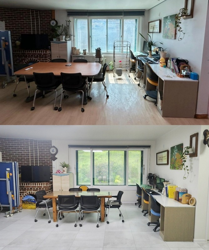 LX하우시스가 개보수 공사를 진행한 그룹홈 '참나무 우리집'의 리모델링 공사 전(사진 위)과 후 모습  /사진=LX하우시스